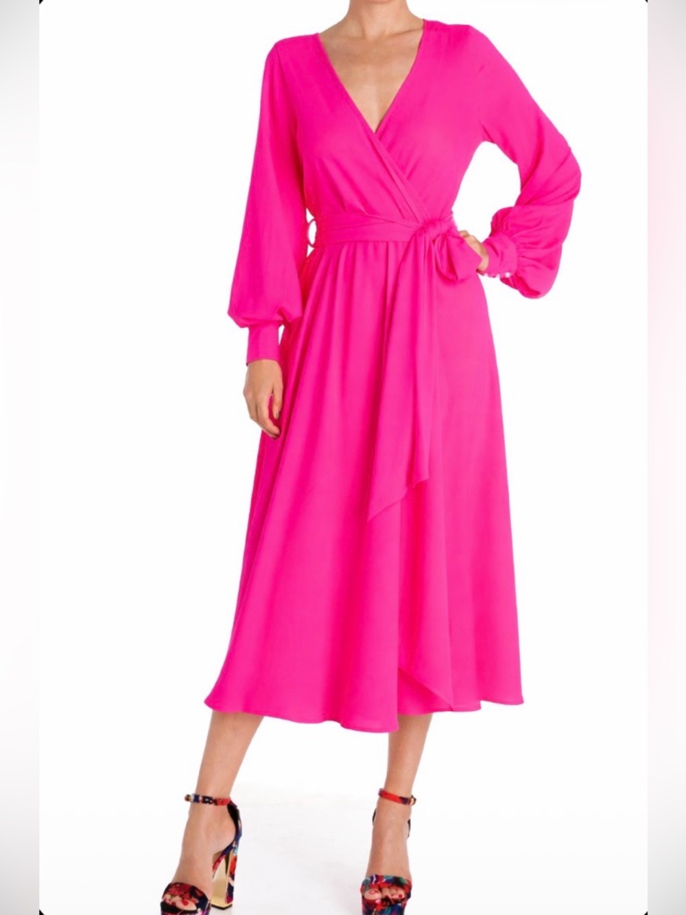 MEGHAN LA Lilypad Midi Wrap Dress Hot Fluorescent‎ Highlighter Neon Pink Size L